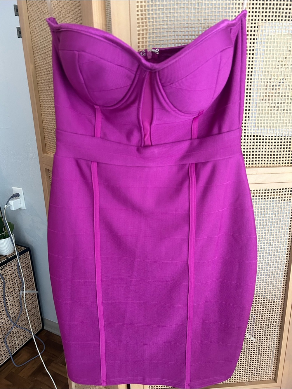 Fashion Nova Purple Bandage Bodycon Dress Size Medium Strapless Corset Midi